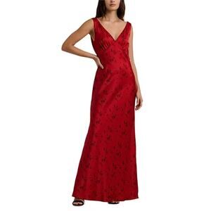 Lauren Ralph Lauren Red Floral Satin Gown Cowl Back Dress Size 8 NWT Timeless